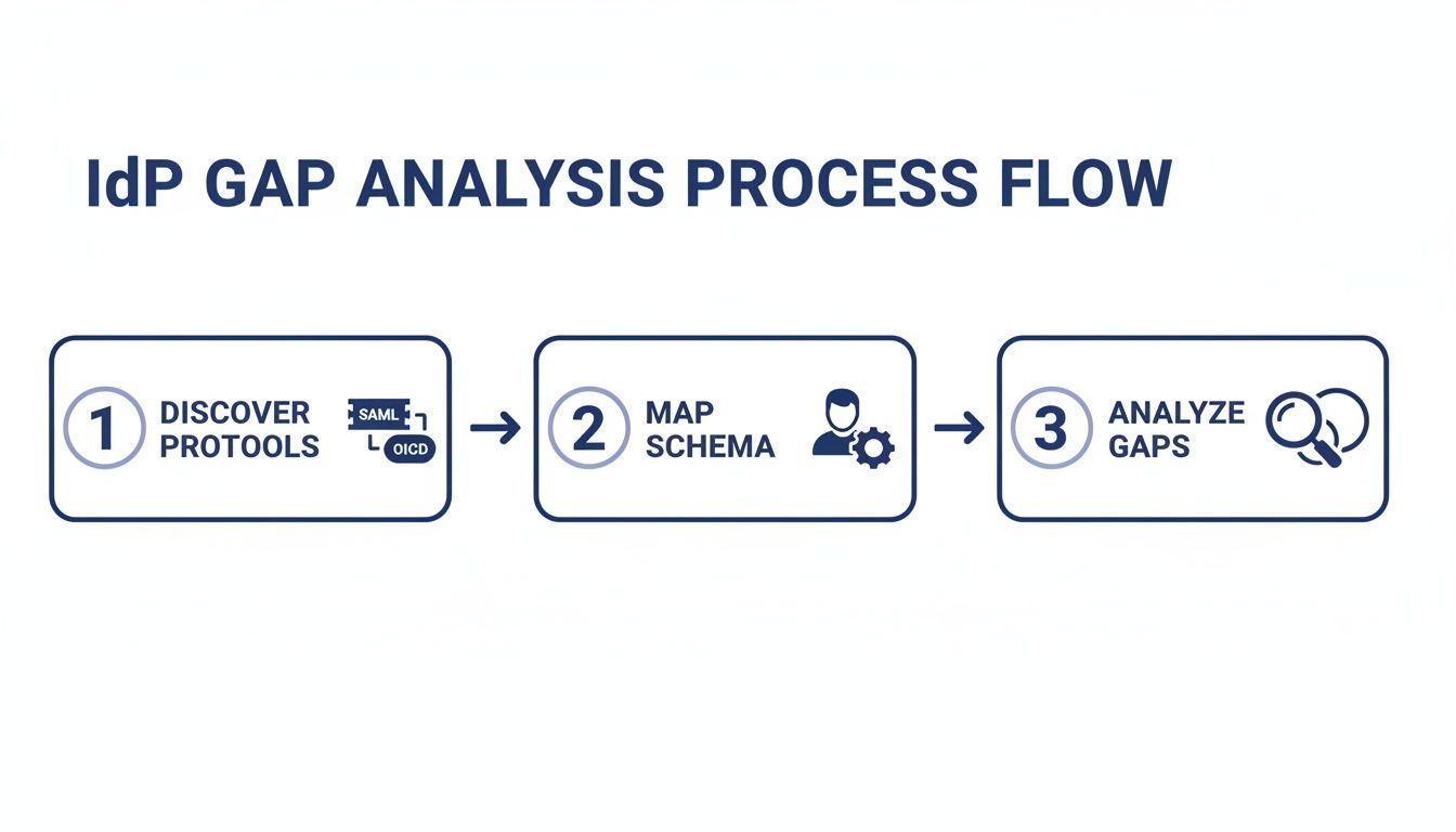 A process flow diagram showing three steps for IdP gap analysis: Discover Protocols, Map Schema, Analyze Gaps.