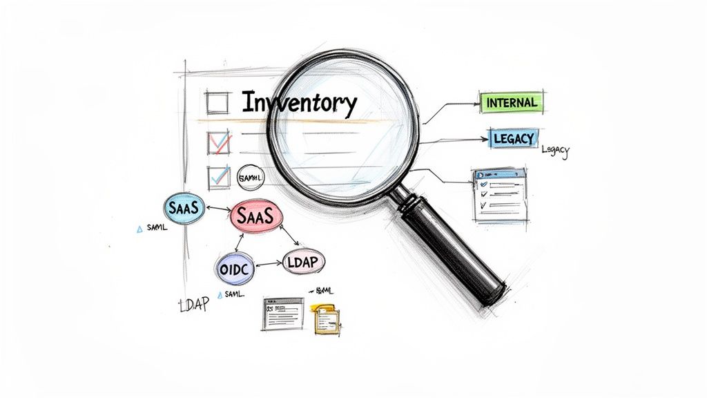 A hand-drawn diagram illustrating an inventory assessment of IT systems, including SaaS, OIDC, LDAP, internal, and legacy applications.